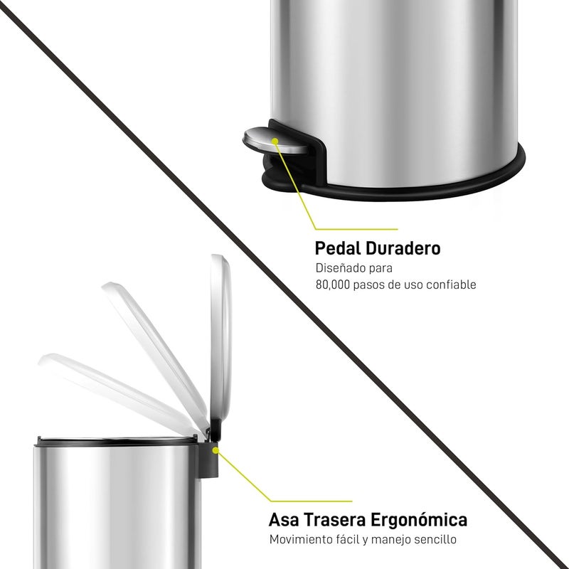 EKO | Bathroom Kitchen Trash Can 5L Stainless Steel Anti-Fingerprint | Compact Trash Can with Pedal, Soft Close and Ring Holder Bag | Removable Bucket | Elegant and Functional Design for Small Spaces - Image 4