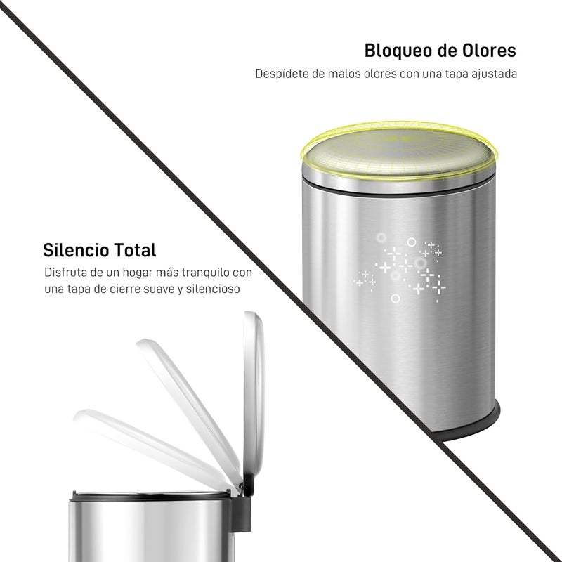 EKO | Bathroom Kitchen Trash Can 5L Stainless Steel Anti-Fingerprint | Compact Trash Can with Pedal, Soft Close and Ring Holder Bag | Removable Bucket | Elegant and Functional Design for Small Spaces - Image 5