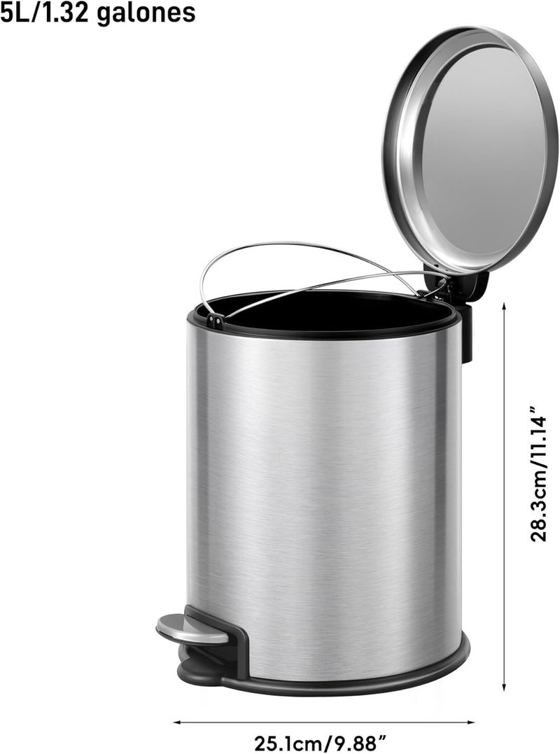 EKO | Bathroom Kitchen Trash Can 5L Stainless Steel Anti-Fingerprint | Compact Trash Can with Pedal, Soft Close and Ring Holder Bag | Removable Bucket | Elegant and Functional Design for Small Spaces - Image 2