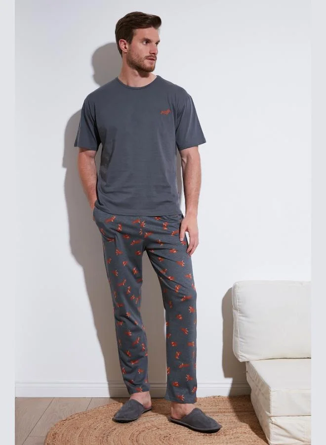 بوراتي طقم بيجامة رجالي قطن بوراتي بقصة عادية وأكمام قصيرة