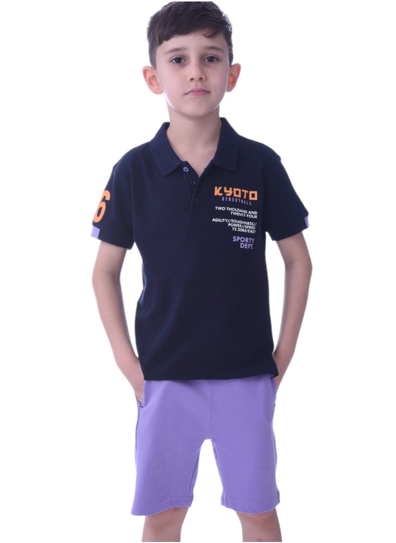 victor and jane Boys 2pc-Set - T-shirt & Shorts-Lilac/Navy  - Image 1