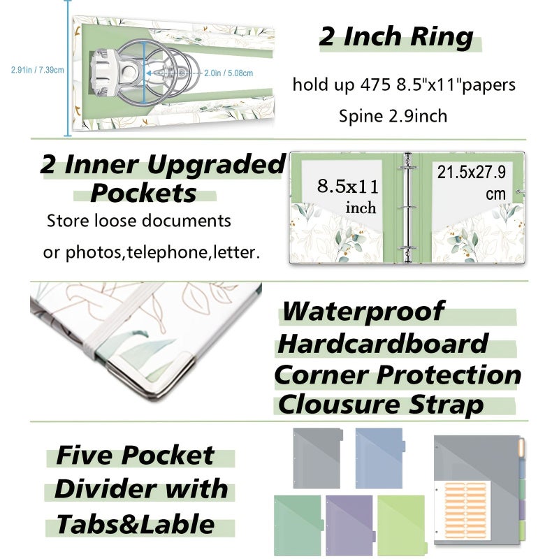 Green Plant 2 Inch 3 Ring Binder for Letter Size Paper with 5 Dividers and File Pocket - Image 3