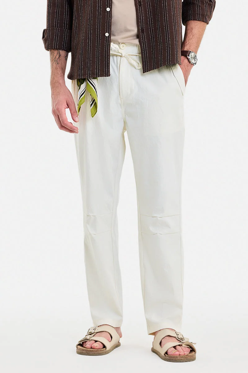 SNITCH Off White Solid Regular Fit Casual Trousers