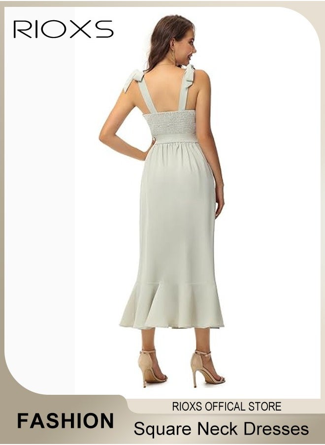 RIOXS - Elegant Summer Dresses for Women, Midi Evening Dress with Sleeveless Design and Square Neckline, Side Split Slimming Dress, Perfect for Every Figure Ladies, Great for Daily Life, Birthday, Formal Occasion, Parties or Dating - Image 1