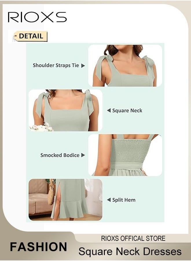 RIOXS - Elegant Summer Dresses for Women, Midi Evening Dress with Sleeveless Design and Square Neckline, Side Split Slimming Dress, Perfect for Every Figure Ladies, Great for Daily Life, Birthday, Formal Occasion, Parties or Dating - Image 1