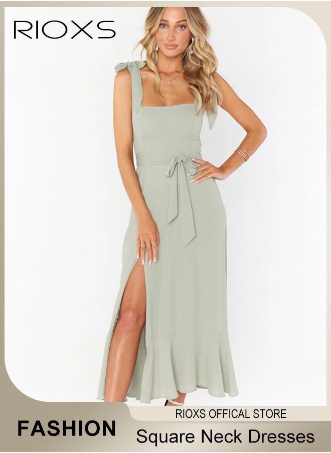 RIOXS - Elegant Summer Dresses for Women, Midi Evening Dress with Sleeveless Design and Square Neckline, Side Split Slimming Dress, Perfect for Every Figure Ladies, Great for Daily Life, Birthday, Formal Occasion, Parties or Dating - Image 1