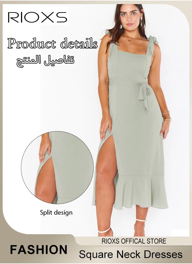 RIOXS - Elegant Summer Dresses for Women, Midi Evening Dress with Sleeveless Design and Square Neckline, Side Split Slimming Dress, Perfect for Every Figure Ladies, Great for Daily Life, Birthday, Formal Occasion, Parties or Dating - Image 1