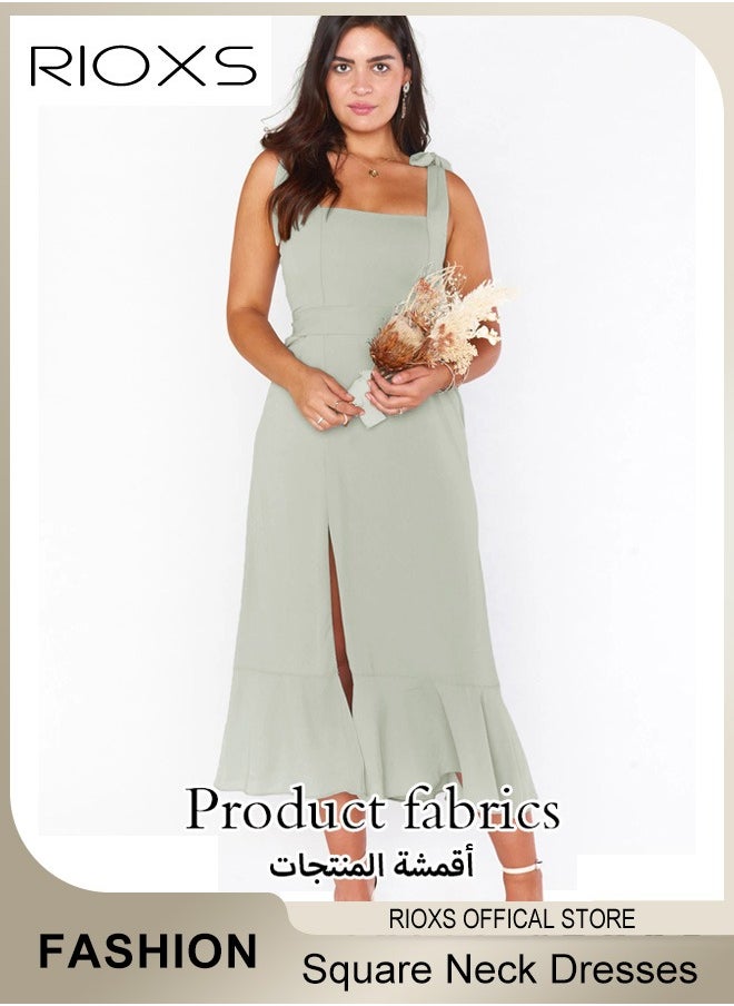 RIOXS - Elegant Summer Dresses for Women, Midi Evening Dress with Sleeveless Design and Square Neckline, Side Split Slimming Dress, Perfect for Every Figure Ladies, Great for Daily Life, Birthday, Formal Occasion, Parties or Dating - Image 1