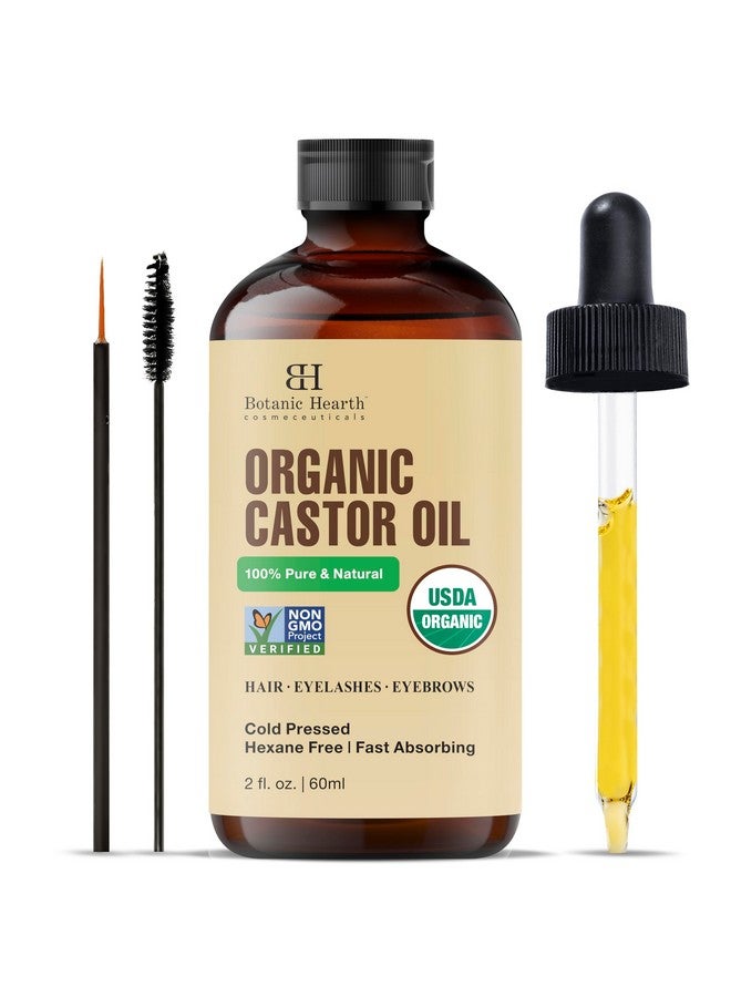 بوتانيك هيرث زيت الخروع | معتمد من وزارة الزراعة الأمريكية عضويًا | نقي 100% وخالٍ من الهكسين | معصور على البارد | لنمو الرموش والحواجب والشعر | مع فرشاة الحواجب والرموش | (زجاجة زجاجية سعة 2 أونصة سائلة)