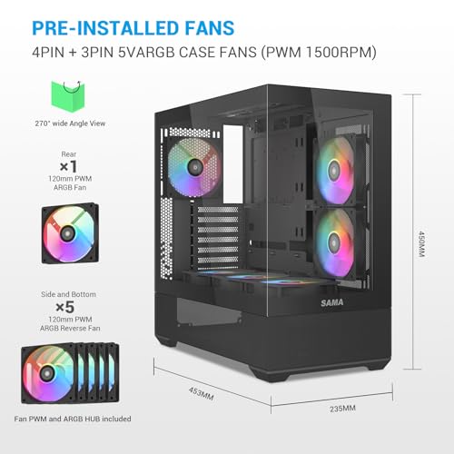SAMA V40 Black ATX Mid Tower PC Case, 6 Pre-Installed 120mm ARGB PWM Fans, Dual Tempered Glass Panels, Vertical Airflow Design, USB Type-C Port, Gaming Computer Case for ATX/Micro-ATX/ITX Motherboard - Image 2