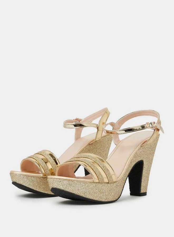 Take Two Gold Glitter Platform Block Heel Sandals