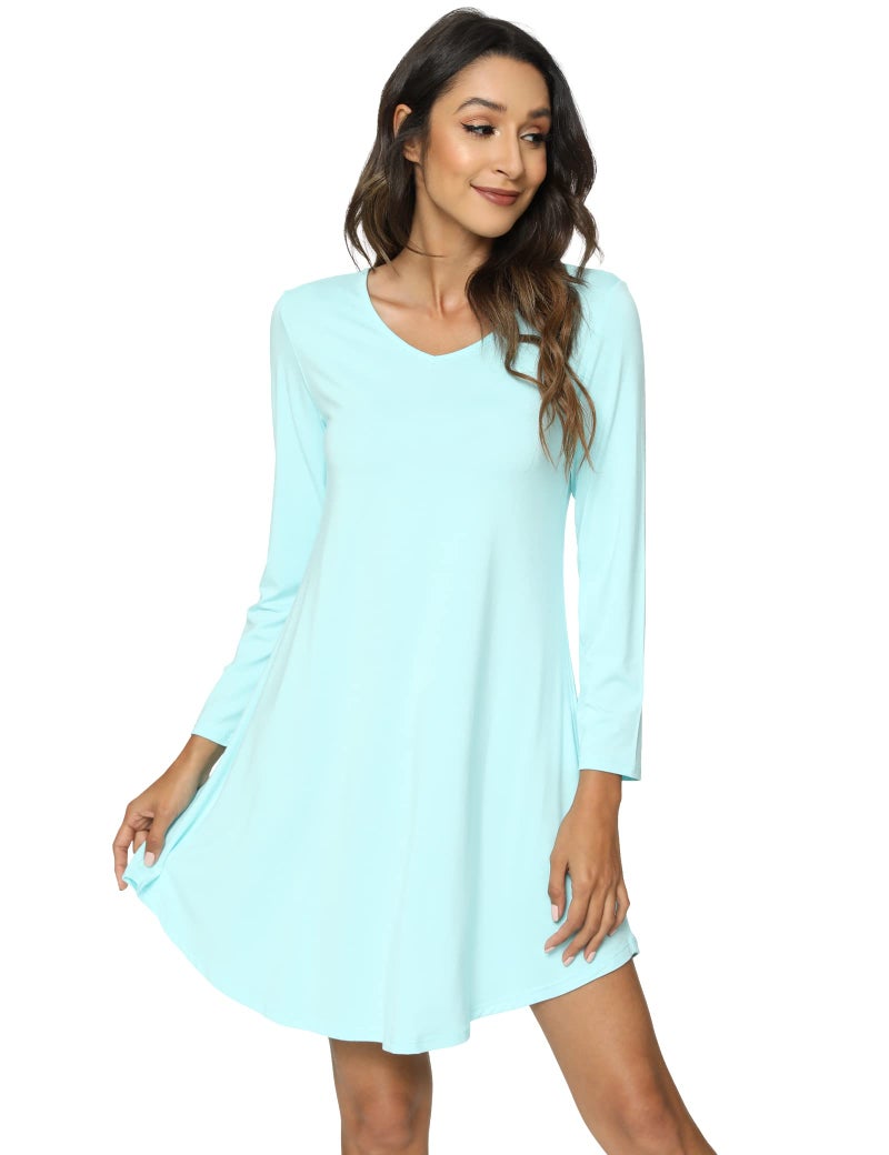 GYS Womens Bamboo Viscose Long Sleeve Nightgown Super Soft Lightweight Night Shirts for Sleeping, Aqua, Medium - Image 2