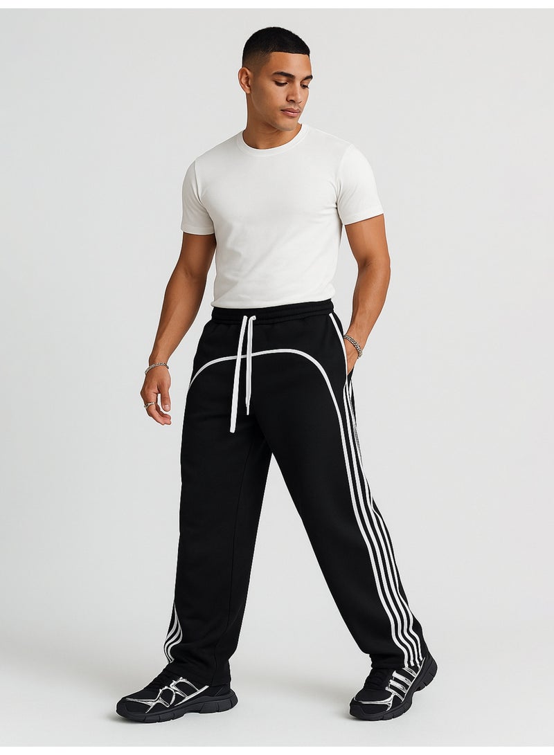 Maniac Maniac Mens Side Stripe Black and White Cotton Baggy Fit Trackpant  - Image 5