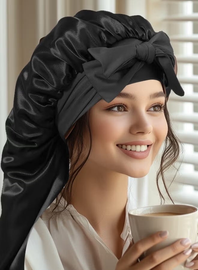 Long Satin Bonnet for Women - Double Layer Elastic Silk Bonnet for Braids Hair Sleeping Cap with Tie Band (Black) - Image 4