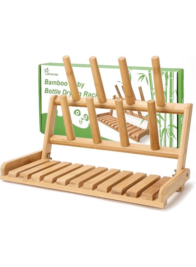GiftAmaz Bamboo Baby Bottle Drying Rack, Space Saving Countertop Bottle Holder Portable Dryer Rack Organizer for Baby Bottles, Cups, Pacifiers and Accessories, Birthday Gift Box for Women Mother Mom - Image 1