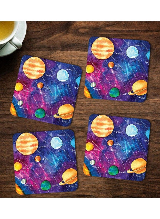 ASHVAH Planets Print/Typography Tea/Coffee Mug/Designer Handmade Wooden Coaster Set for Home Kitchen, Office Desk - Set of 4 - Square: 10cm - Image 1