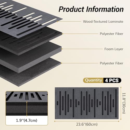 TONOR 4-Pack Acoustic Wood Wall Panels, 23.6” * 11.8” * 1.9” 3D Self-adhesive Wall Panel, Three-layer Soundproof Tiles for Echo Absorbtion, Acoustical Barrier of Polyester Fiber, wood, Black Wood - Image 2