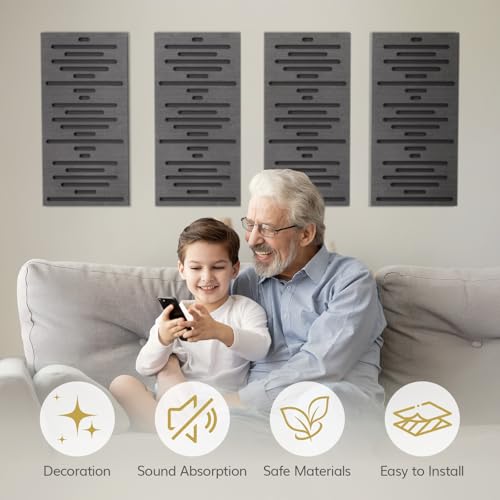 TONOR 4-Pack Acoustic Wood Wall Panels, 23.6” * 11.8” * 1.9” 3D Self-adhesive Wall Panel, Three-layer Soundproof Tiles for Echo Absorbtion, Acoustical Barrier of Polyester Fiber, wood, Black Wood - Image 4