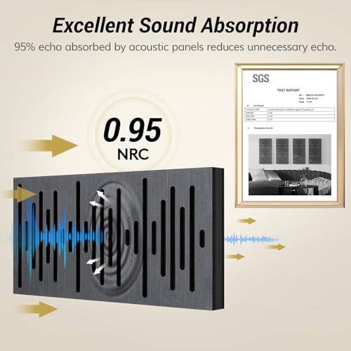 TONOR 4-Pack Acoustic Wood Wall Panels, 23.6” * 11.8” * 1.9” 3D Self-adhesive Wall Panel, Three-layer Soundproof Tiles for Echo Absorbtion, Acoustical Barrier of Polyester Fiber, wood, Black Wood - Image 3