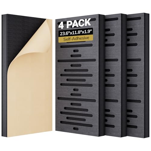 TONOR 4-Pack Acoustic Wood Wall Panels, 23.6” * 11.8” * 1.9” 3D Self-adhesive Wall Panel, Three-layer Soundproof Tiles for Echo Absorbtion, Acoustical Barrier of Polyester Fiber, wood, Black Wood - Image 1