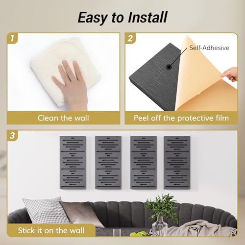 TONOR 4-Pack Acoustic Wood Wall Panels, 23.6” * 11.8” * 1.9” 3D Self-adhesive Wall Panel, Three-layer Soundproof Tiles for Echo Absorbtion, Acoustical Barrier of Polyester Fiber, wood, Black Wood - Image 5