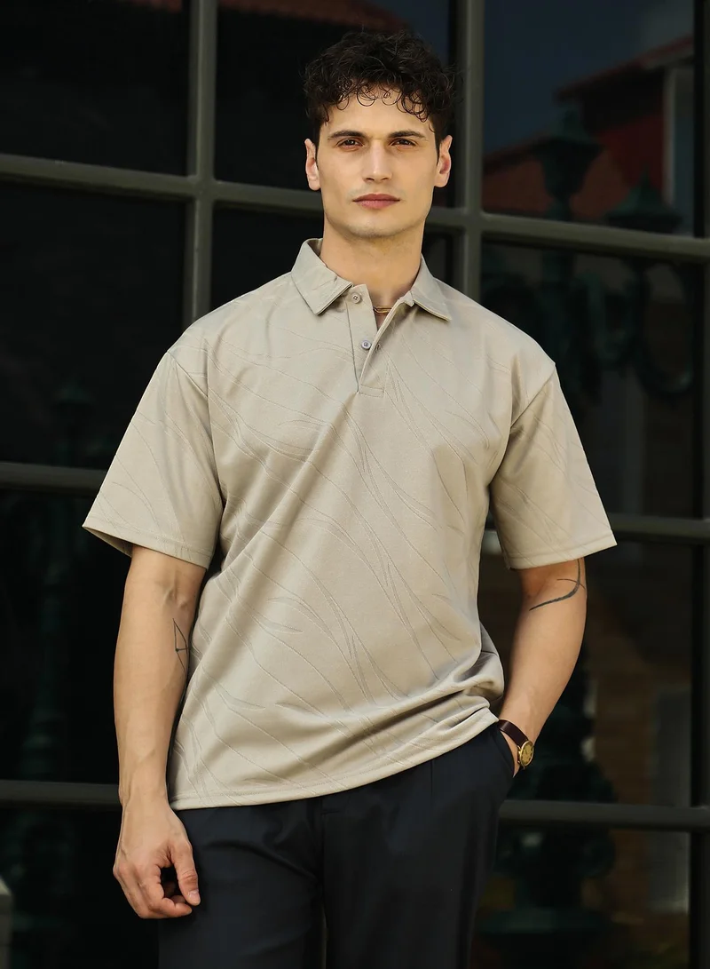 Campus Sutra Men's Sand Beige Scratch-Tactile Polo T-Shirt