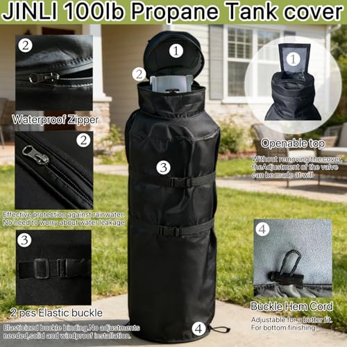 JINLI 100lb propane tank insulation protection cover: 600D heavy-duty Oxford cloth with fleece, top flip cover + adjustable buckle, winter frost protection, outdoor UV resistance, black - Image 3