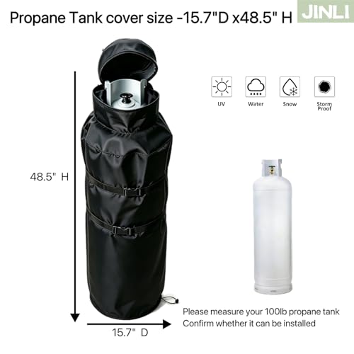 JINLI 100lb propane tank insulation protection cover: 600D heavy-duty Oxford cloth with fleece, top flip cover + adjustable buckle, winter frost protection, outdoor UV resistance, black - Image 2