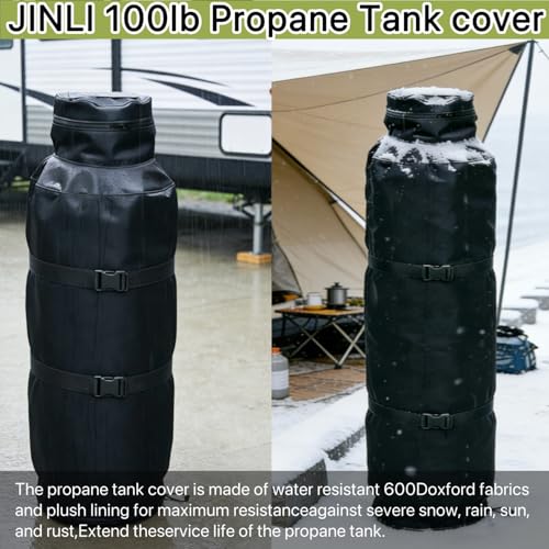 JINLI 100lb propane tank insulation protection cover: 600D heavy-duty Oxford cloth with fleece, top flip cover + adjustable buckle, winter frost protection, outdoor UV resistance, black - Image 5