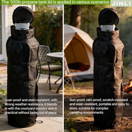 JINLI 100lb propane tank insulation protection cover: 600D heavy-duty Oxford cloth with fleece, top flip cover + adjustable buckle, winter frost protection, outdoor UV resistance, black - Image 4