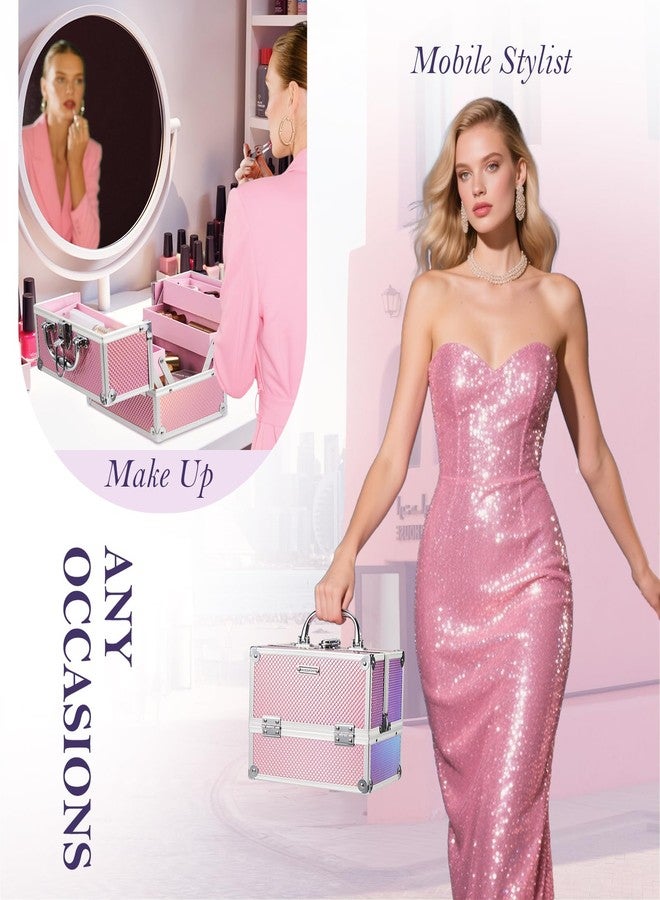 FRENESSA Makeup Train Case Portable Makeup Case Organizer Cosmetic Box Make Up Box Makeup Organizer Cosmetic Storage Cases with Locking Nail Kit Organizer Travel Case Mermaid Pink - Image 3