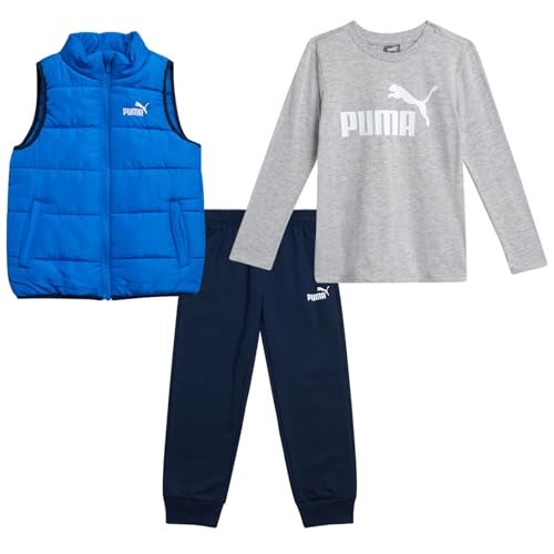PUMA Toddler Boys Pants Set - 3 Piece Long Sleeve Shirt Kids Puffer Vest and Boys Pants Clothing Set (Sizes: 2T-7), Size 4, Blue Combo - Image 1