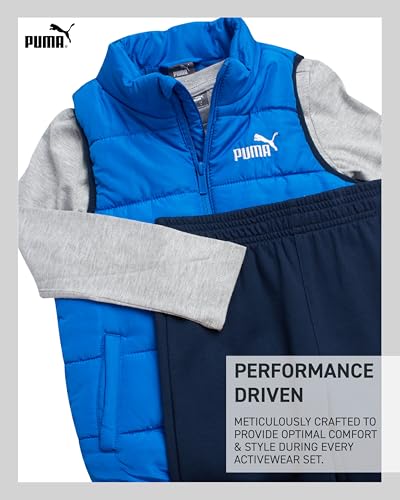PUMA Toddler Boys Pants Set - 3 Piece Long Sleeve Shirt Kids Puffer Vest and Boys Pants Clothing Set (Sizes: 2T-7), Size 4, Blue Combo - Image 3