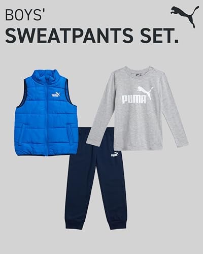 PUMA Toddler Boys Pants Set - 3 Piece Long Sleeve Shirt Kids Puffer Vest and Boys Pants Clothing Set (Sizes: 2T-7), Size 4, Blue Combo - Image 2