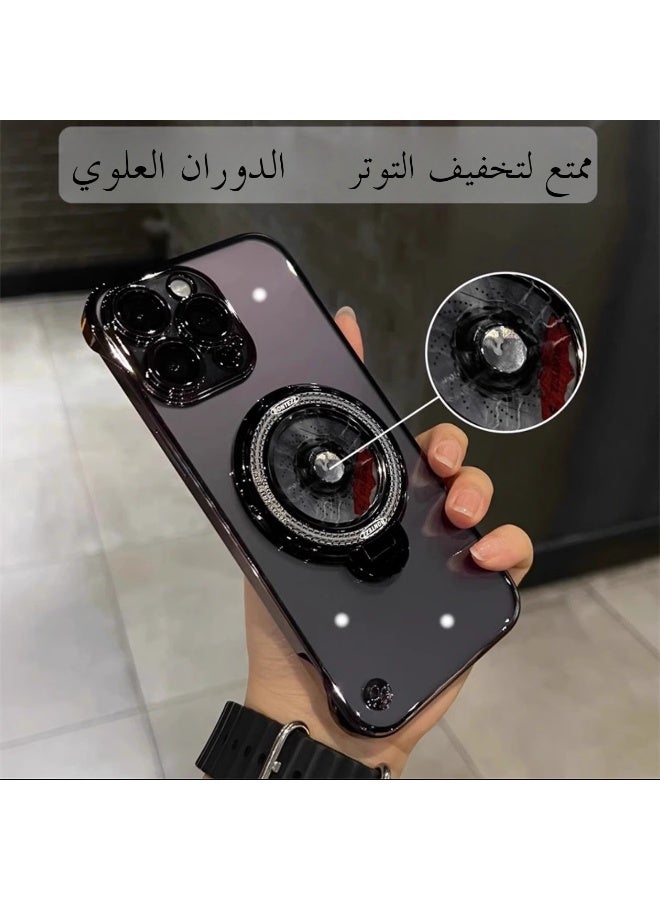 مناسبة ل iphone16 برو ماكس الهاتف المحمول حماية القضية ، تبو مادة شفافة ، 360 درجة الدوران الروتاري تخفيف الضغط قوس ، المضادة للانزلاق ، ومكافحة العرق ، ومكافحة بصمات الأصابع ، ومكافحة الاصطدام حماية ، أسود مطلي الإطار - Image 1