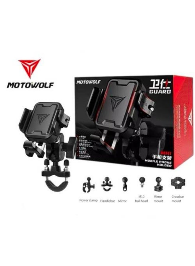 موتوولف حامل الهاتف المحمول للدراجات النارية MotoWolf MH1، حامل عالمي قابل للدوران 360 درجة ومضاد للصدمات للدراجات والسكوترات - Image 1