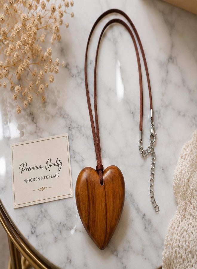 Healthy Floyds Heart Shaped Lovely Women's Stylish Natural Wood Necklace in Brown Natural Shade (2.5 x 2.5 x 0.5) inches. (Simple Heart) - Image 3