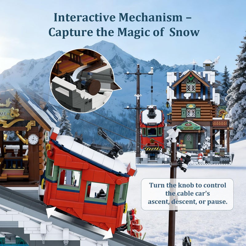 PANTASY Winter Summit Ski Lodge Building Set,3-Story Mountain Cabin with Vintage Tram&Snowy Landscape,Modular Brick Architecture Model with Opening Wall,Ice Cave&Minifigures Holiday Display for Adults - Image 4