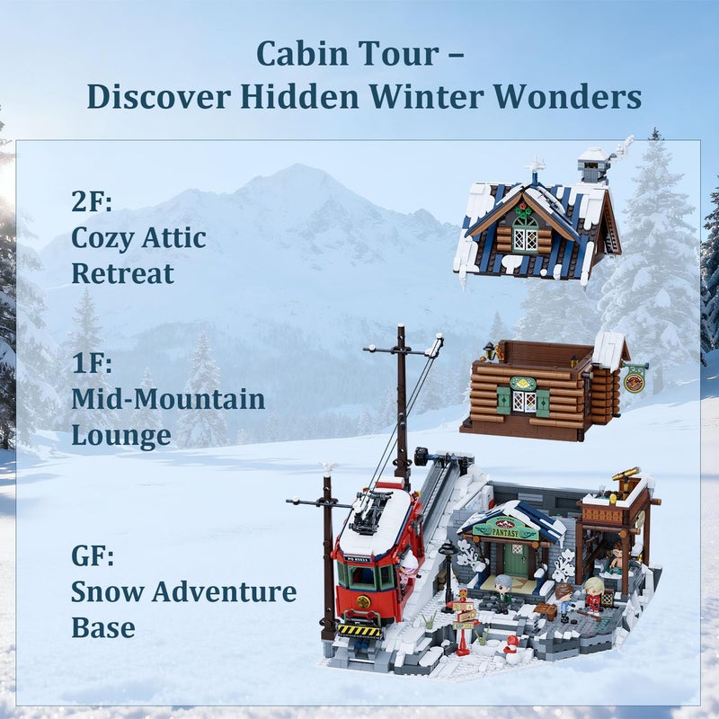 PANTASY Winter Summit Ski Lodge Building Set,3-Story Mountain Cabin with Vintage Tram&Snowy Landscape,Modular Brick Architecture Model with Opening Wall,Ice Cave&Minifigures Holiday Display for Adults - Image 2