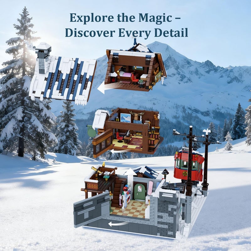 PANTASY Winter Summit Ski Lodge Building Set,3-Story Mountain Cabin with Vintage Tram&Snowy Landscape,Modular Brick Architecture Model with Opening Wall,Ice Cave&Minifigures Holiday Display for Adults - Image 5