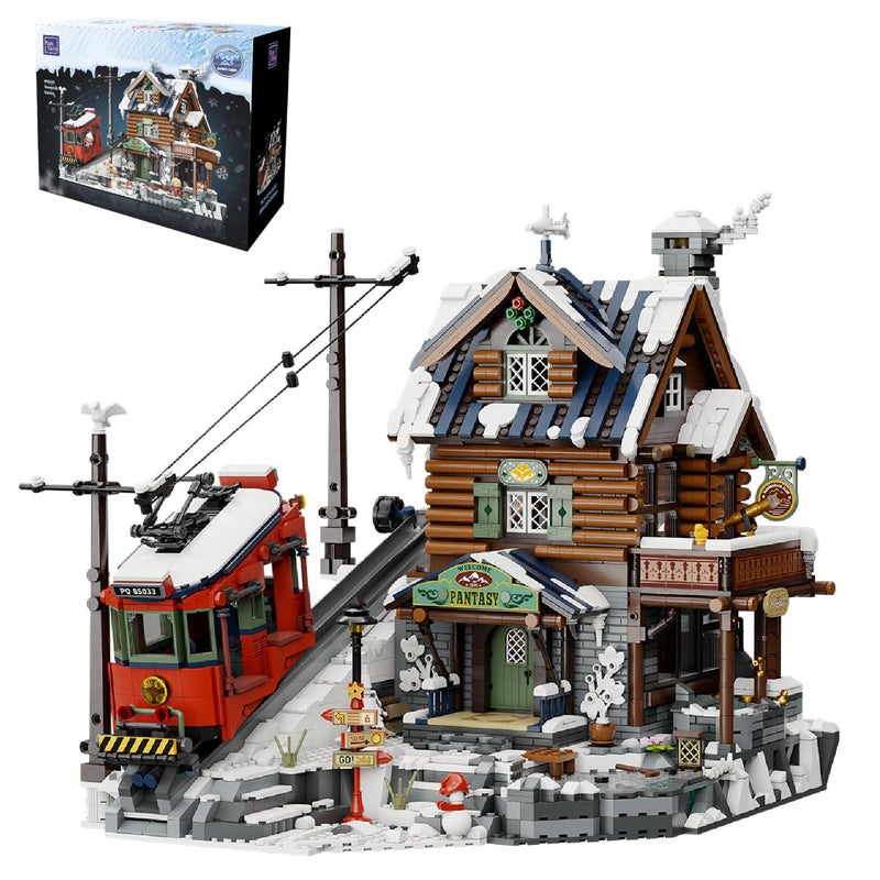 PANTASY Winter Summit Ski Lodge Building Set,3-Story Mountain Cabin with Vintage Tram&Snowy Landscape,Modular Brick Architecture Model with Opening Wall,Ice Cave&Minifigures Holiday Display for Adults - Image 1