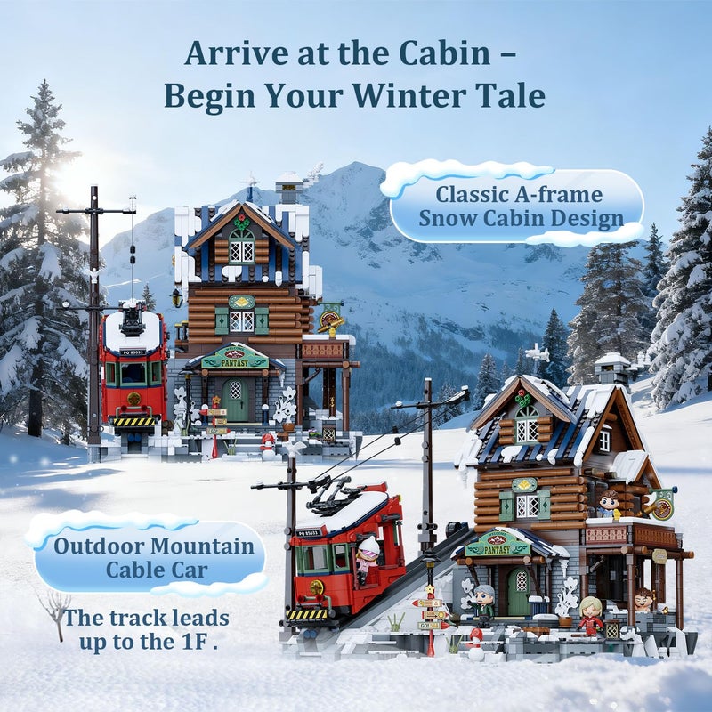 PANTASY Winter Summit Ski Lodge Building Set,3-Story Mountain Cabin with Vintage Tram&Snowy Landscape,Modular Brick Architecture Model with Opening Wall,Ice Cave&Minifigures Holiday Display for Adults - Image 3