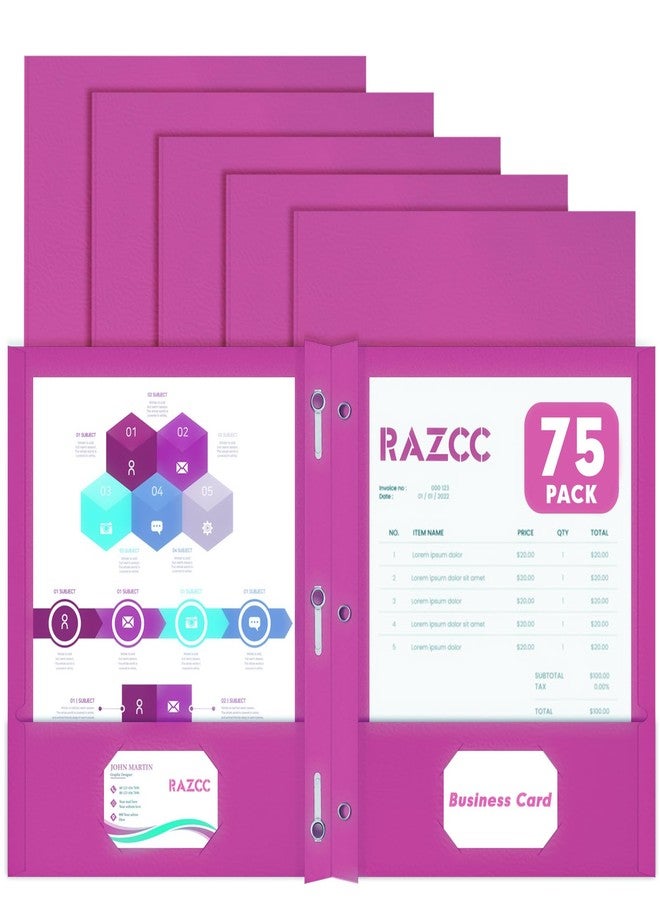 RAZCC Two Pocket Folders, RAZCC 75 Pack Two Pocket Folders with Prongs, 3 Prong Folders Fit Letter Size Paper, Pocket File Folders for School Office Home Business, Rose Purple - Image 1