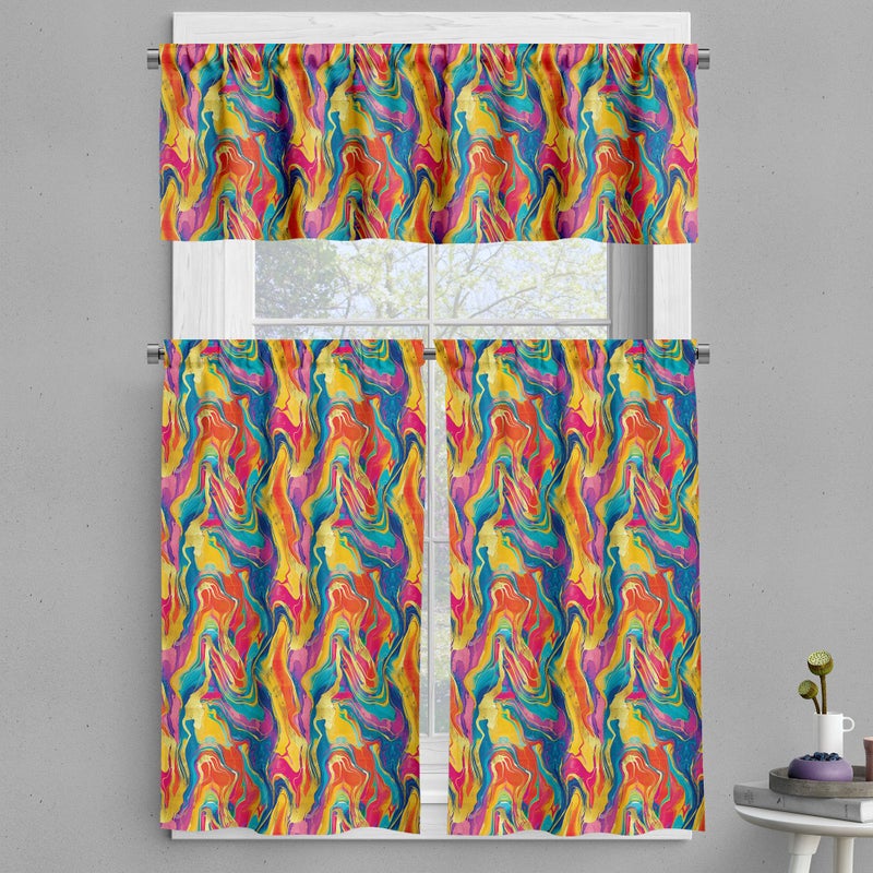 Ambesonne Colorful Valance & Tier Curtain 3 pcs Set  Freeform Modern Abstract Bold Intricate Warm Tones Oil Paint Print  Window Treatments for Kitchen Room Decor  55"" x 24""  Vermilion Blue Multicolor - Image 1