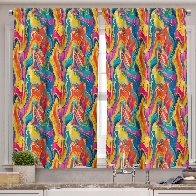 Ambesonne Colorful Valance & Tier Curtain 3 pcs Set  Freeform Modern Abstract Bold Intricate Warm Tones Oil Paint Print  Window Treatments for Kitchen Room Decor  55"" x 24""  Vermilion Blue Multicolor - Image 2