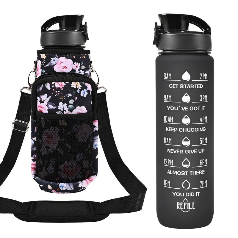 Newfad 32 OZ Water Bottle with Storage Sleeve and Straw &Lid  Motivational Water Bottles with Times to Drink BPA Free Reusable Gym Water Bottles for Fitness & Sports (Midnight Rose) - Image 1