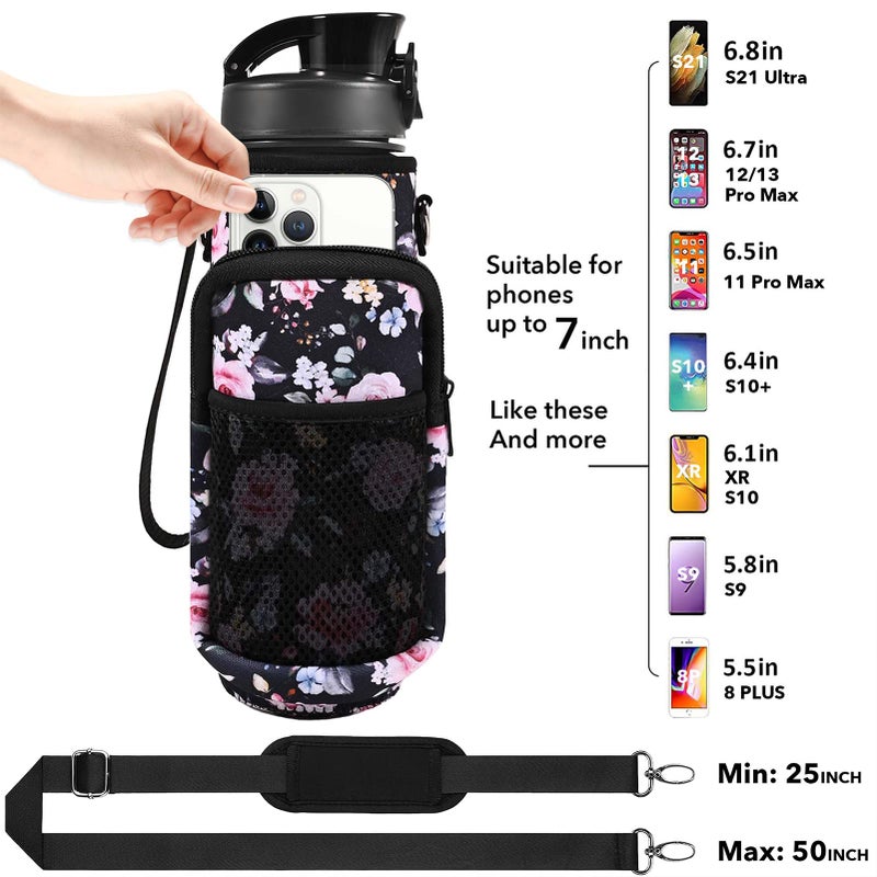 Newfad 32 OZ Water Bottle with Storage Sleeve and Straw &Lid  Motivational Water Bottles with Times to Drink BPA Free Reusable Gym Water Bottles for Fitness & Sports (Midnight Rose) - Image 3