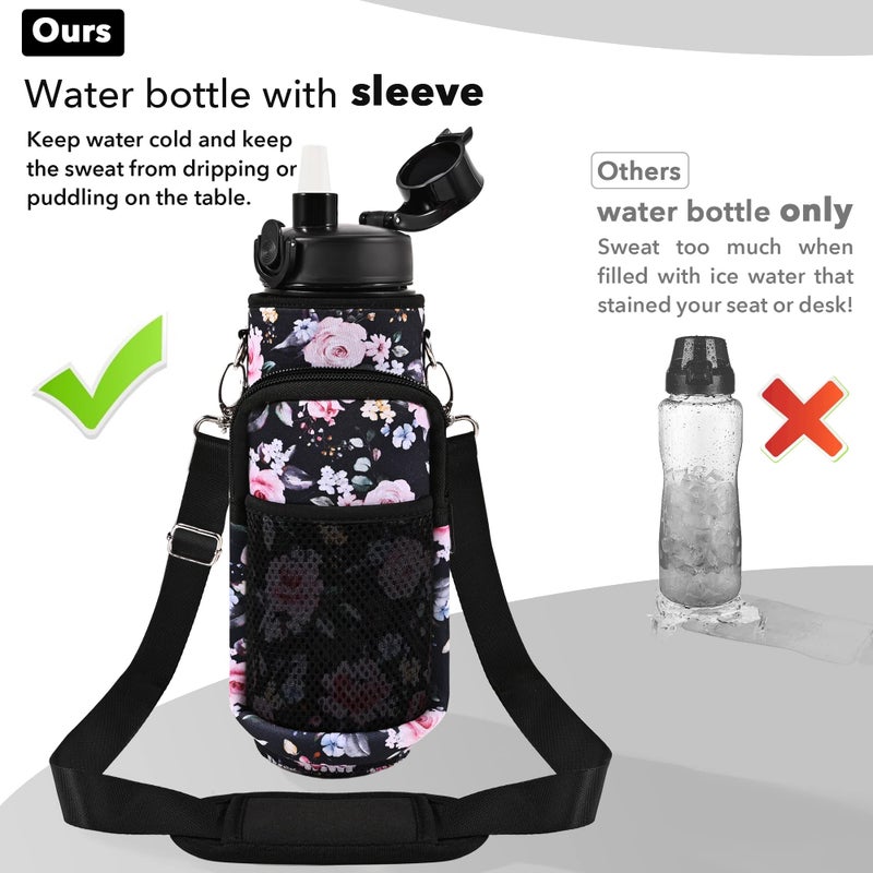 Newfad 32 OZ Water Bottle with Storage Sleeve and Straw &Lid  Motivational Water Bottles with Times to Drink BPA Free Reusable Gym Water Bottles for Fitness & Sports (Midnight Rose) - Image 5