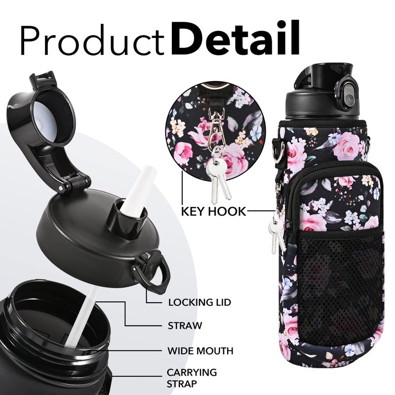 Newfad 32 OZ Water Bottle with Storage Sleeve and Straw &Lid  Motivational Water Bottles with Times to Drink BPA Free Reusable Gym Water Bottles for Fitness & Sports (Midnight Rose) - Image 4