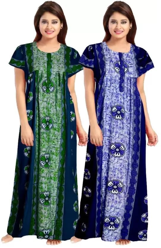 NEGLIGEE Women's Cotton Printed Maxi NightGown Nighty for Women Ankle Length Night Dress - Pack Of 2 (Free Size, GREEN & BLUE) - Image 1